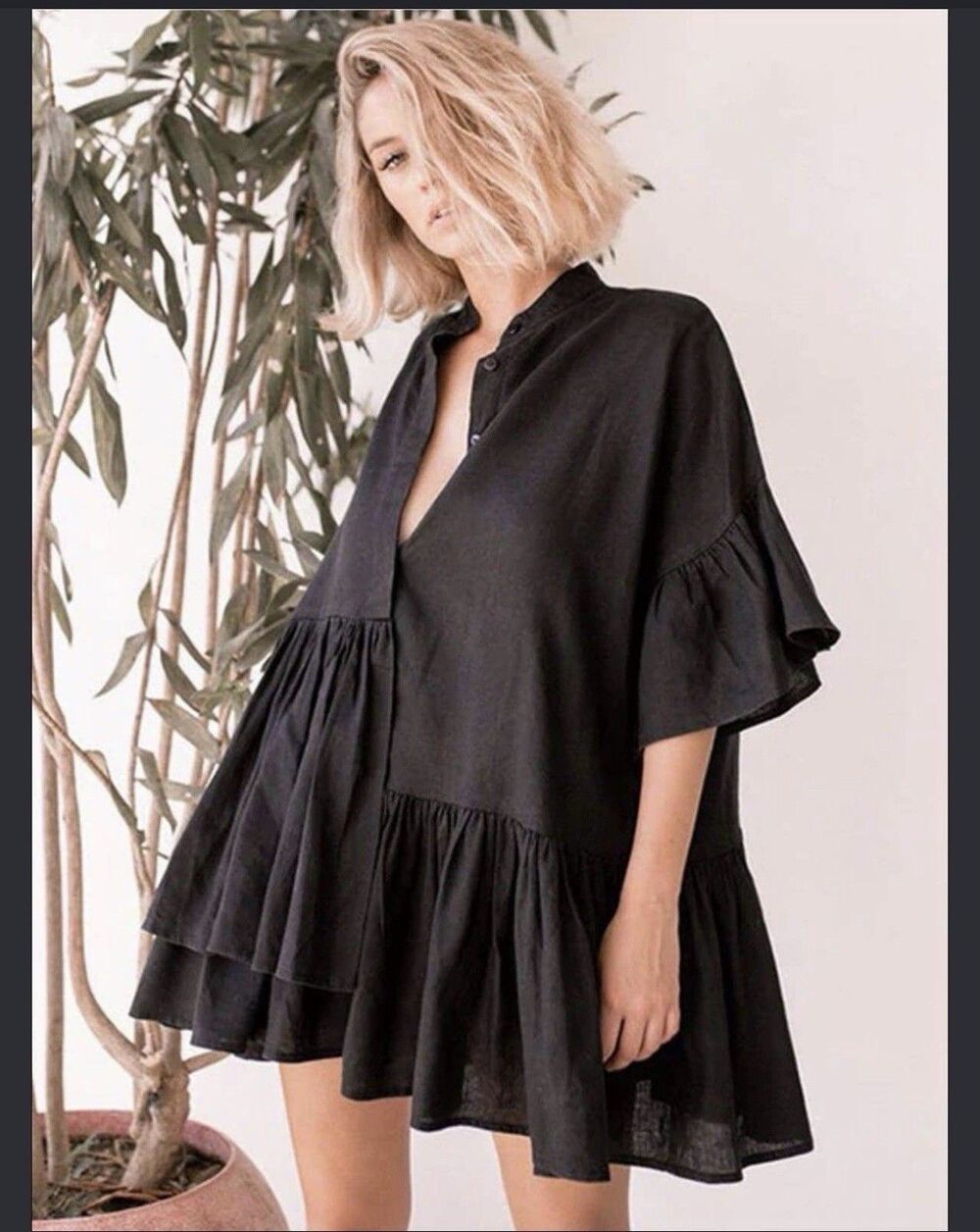 Celmia Women 2XL Black Tiered Ruffle Tunic Dress Short Sleeve Cotton Babydoll